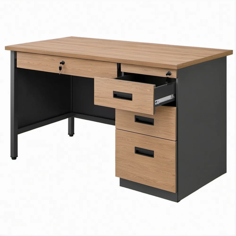 Scrivania rettangolare rovere e nero 140 x 70 x 75 cm con 5 cassetti e serrature