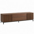Mobile TV in MDF impiallacciato noce scuro con ante scanalate, 2 cassetti e gambe nere, 180 x 40 x 55 cm