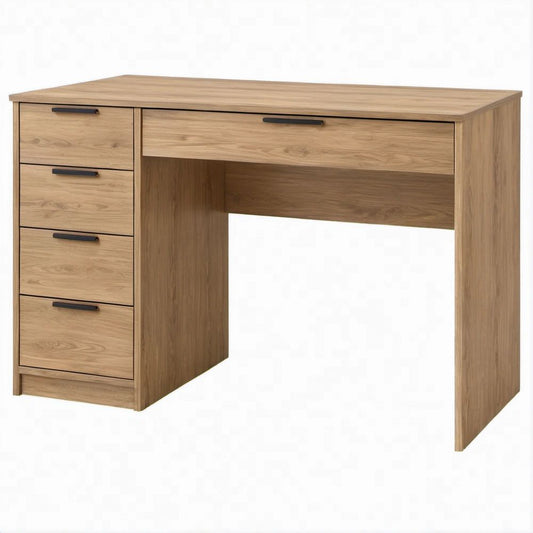 Scrivania rettangolare moderna effetto Rovere con maniglie Nere e 5 cassetti, 120 x 60 x 75 cm