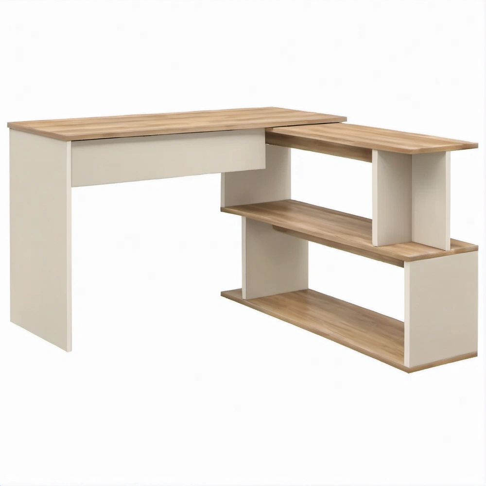 Scrivania angolare con scaffalatura laterale Bianco e Rovere Chiaro, 150 x 120 x 75 cm