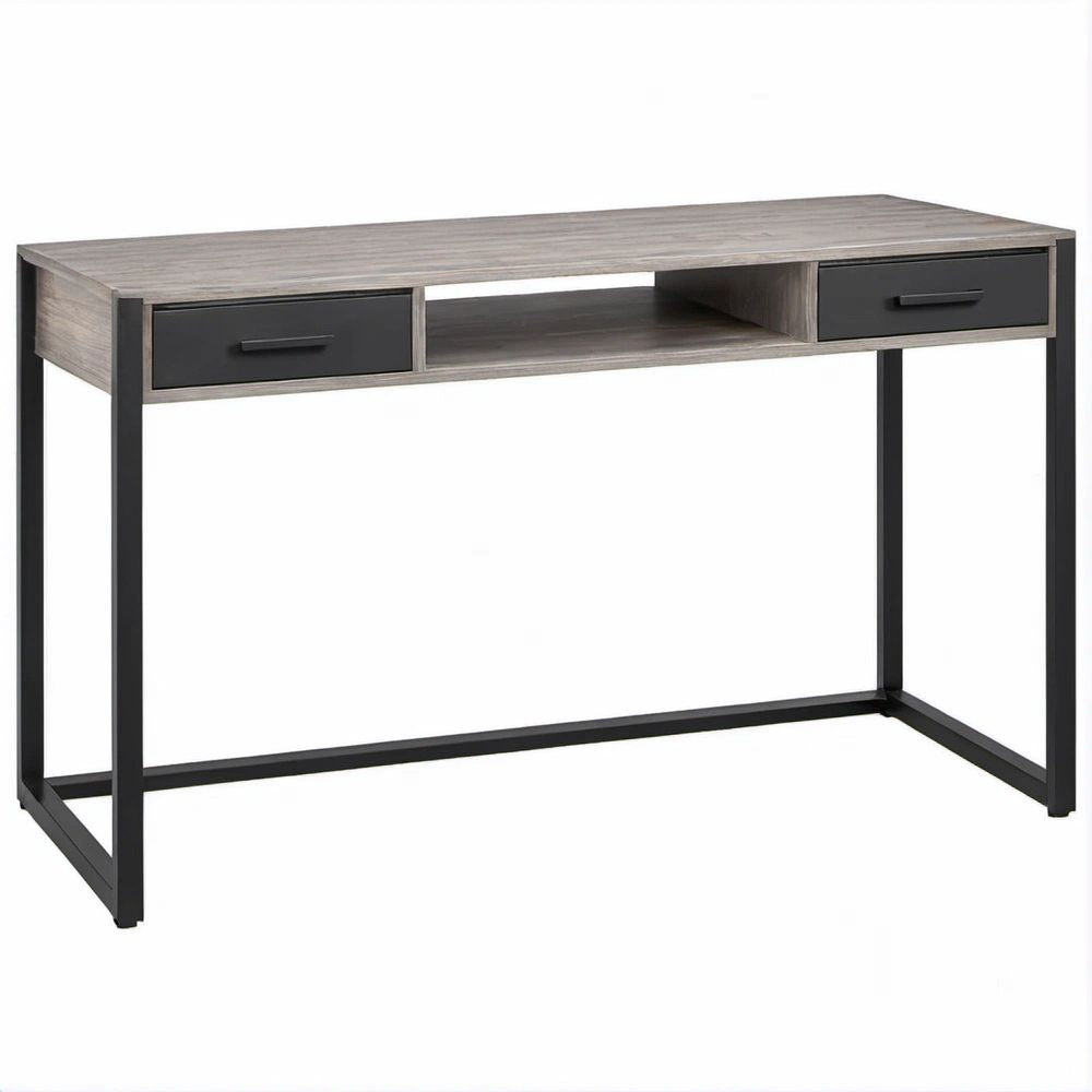 Scrivania rettangolare 120 x 60 x 75 cm con 2 cassetti e vano aperto, Rovere grigio/Nero