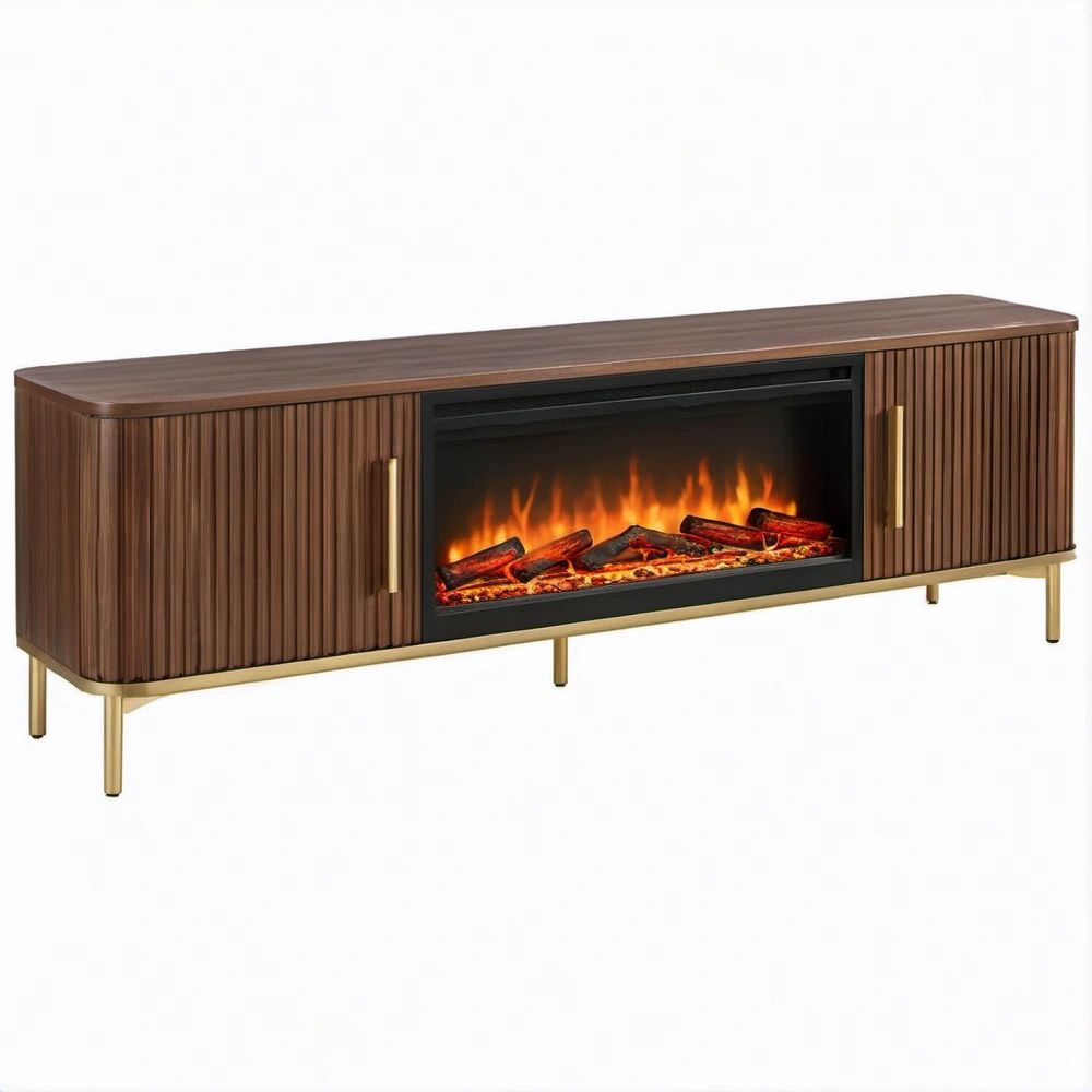 Mobile TV con Camino Elettrico Integrato in MDF Effetto Noce, Nero e Oro, 180 x 40 x 65 cm