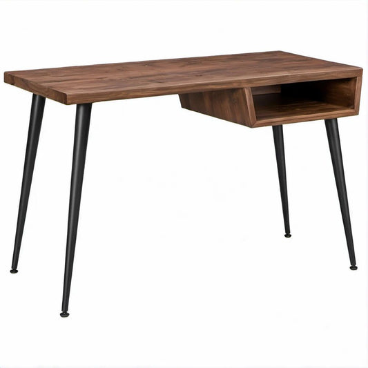 Scrivania rettangolare in legno massello di acacia marrone con vano aperto e gambe in acciaio nero, 120 x 60 x 76 cm