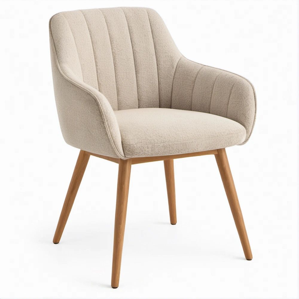 Sedia imbottita con braccioli in bouclé beige e gambe in legno naturale, 58 x 62 x 85 cm