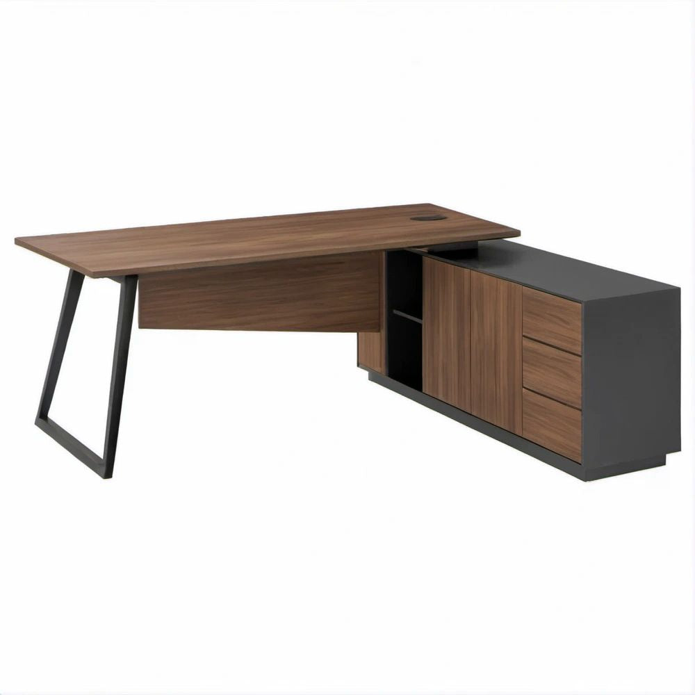 Scrivania angolare 180 x 160 x 75 cm con cassettiera, effetto noce e nero