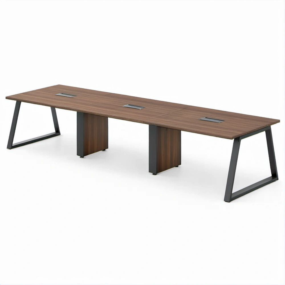 Tavolo da riunione rettangolare 300 x 120 x 75 cm effetto noce e nero con 3 passacavi