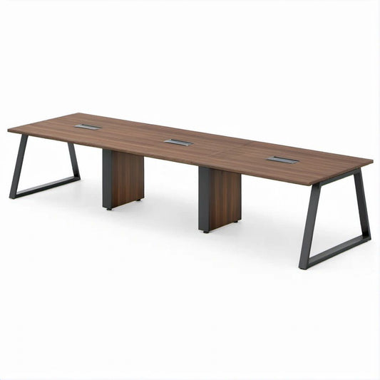 Tavolo da riunione rettangolare 300 x 120 x 75 cm effetto noce e nero con 3 passacavi