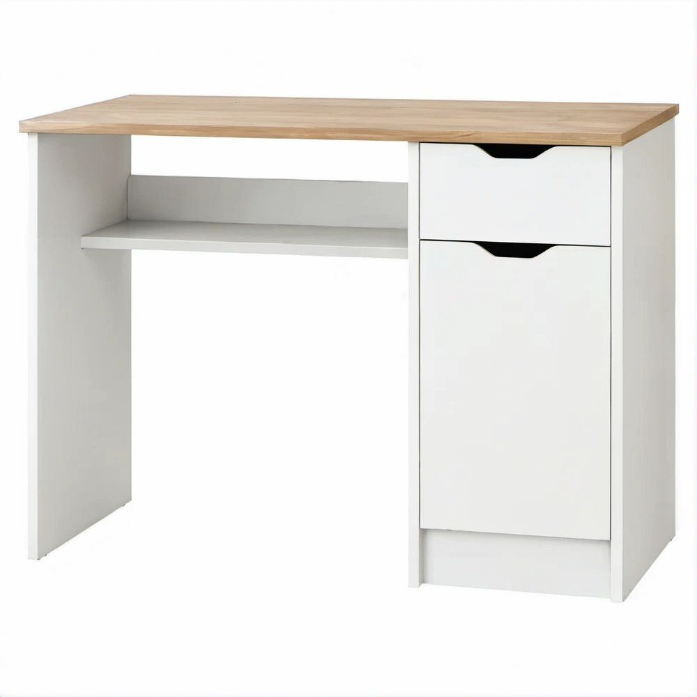 Scrivania Bianca e Rovere Naturale 120 x 60 x 75 cm con Cassetto, Anta e Ripiano
