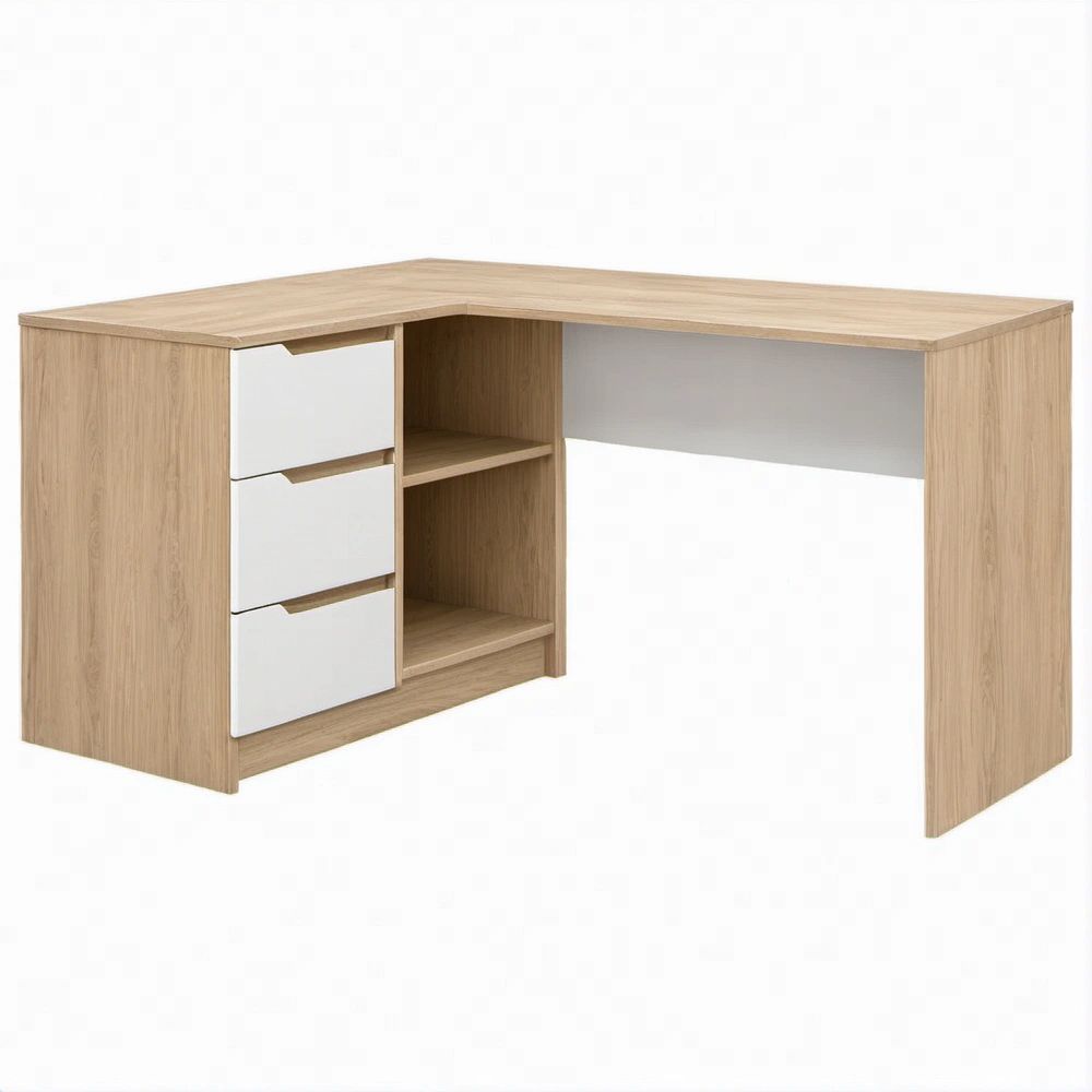Scrivania angolare a L con 3 cassetti e ripiani, Rovere Chiaro/Bianco, 120 x 120 x 75 cm