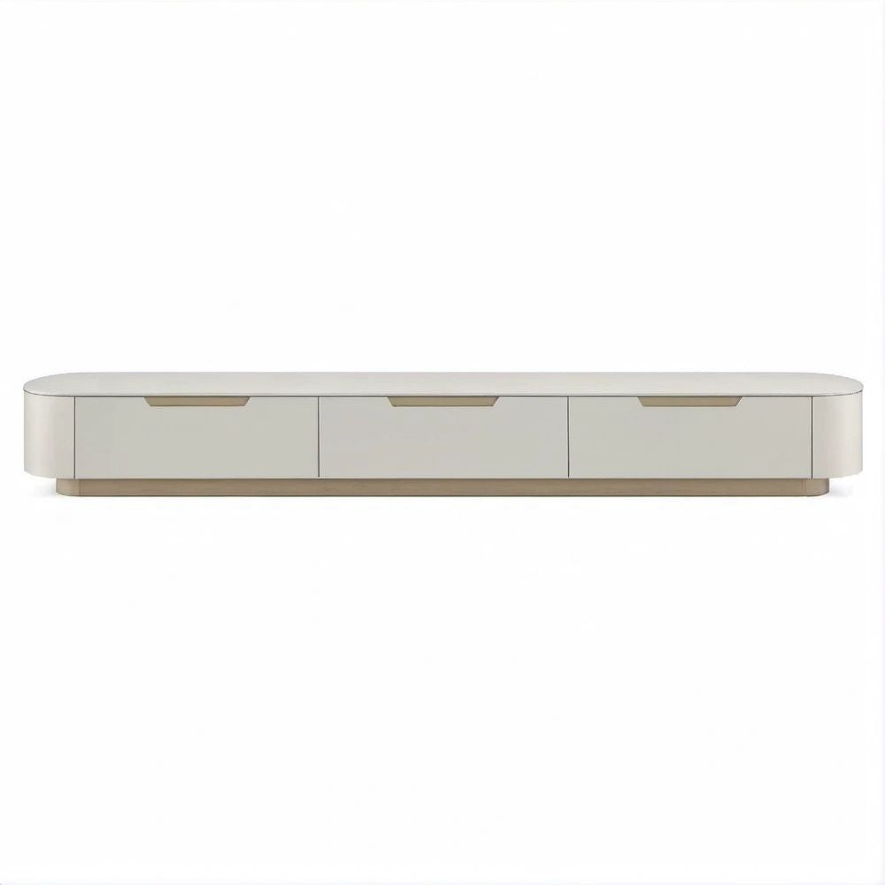 Mobile TV basso in MDF laccato avorio con dettagli oro chiaro, 220 x 40 x 45 cm