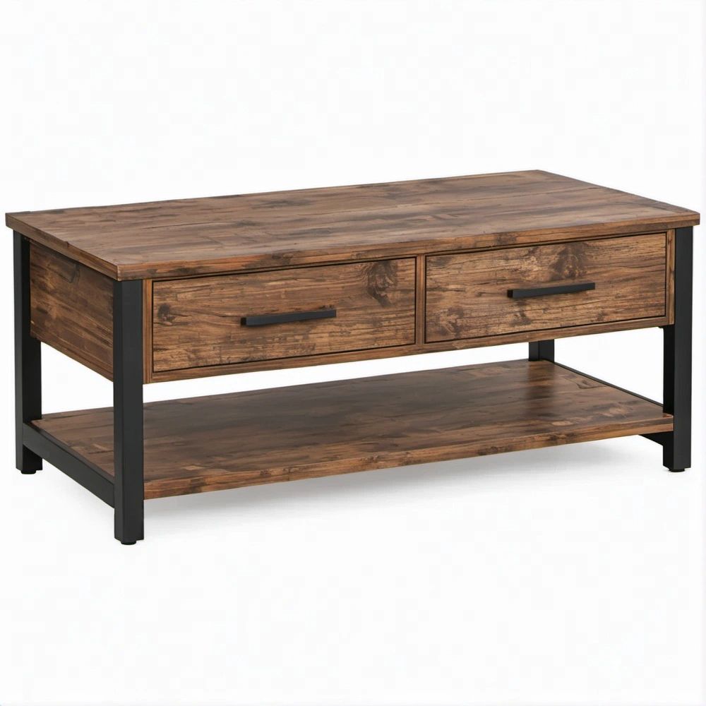 Tavolino da salotto rettangolare industriale Marrone Rustico e Nero 100 x 50 x 45 cm con 2 cassetti