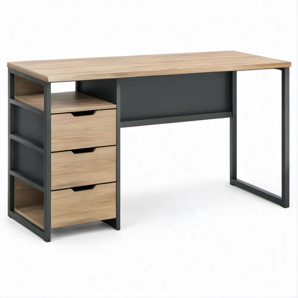 Scrivania 120 x 60 x 75 cm con 3 cassetti, rovere chiaro e nero