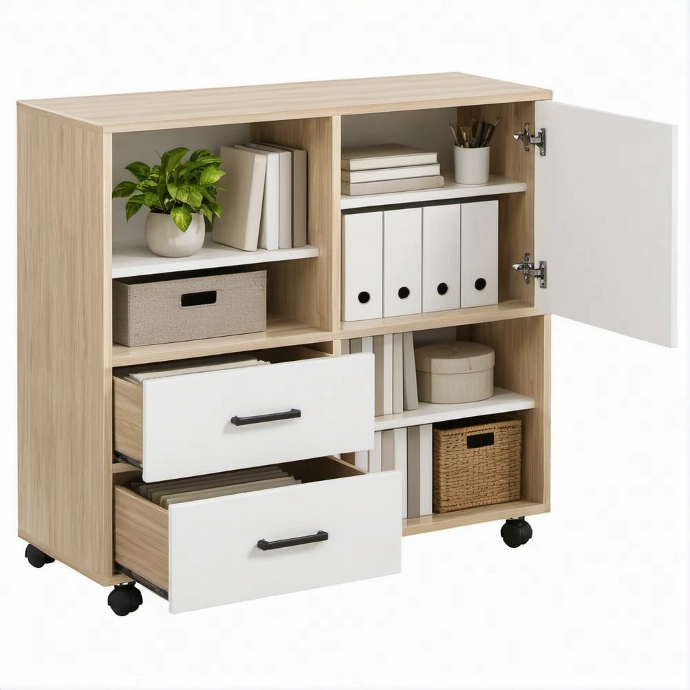 Mobile da ufficio su ruote in rovere chiaro e bianco, 80 x 40 x 100 cm, con 2 cassetti e anta
