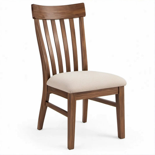 Sedia da pranzo in legno massello di noce marrone con seduta imbottita beige, 45 x 52 x 100 cm