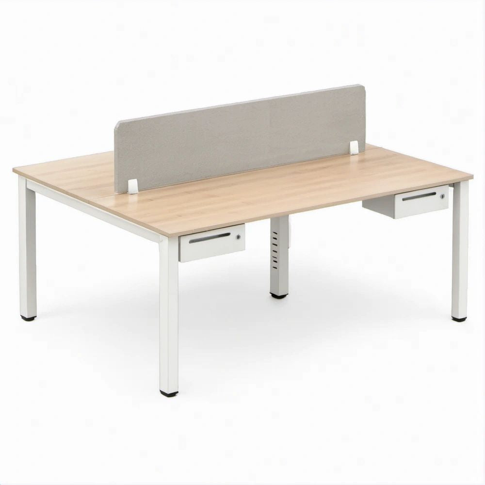 Scrivania doppia rettangolare rovere chiaro, bianco e grigio con divisorio centrale, 160 x 120 x 74 cm